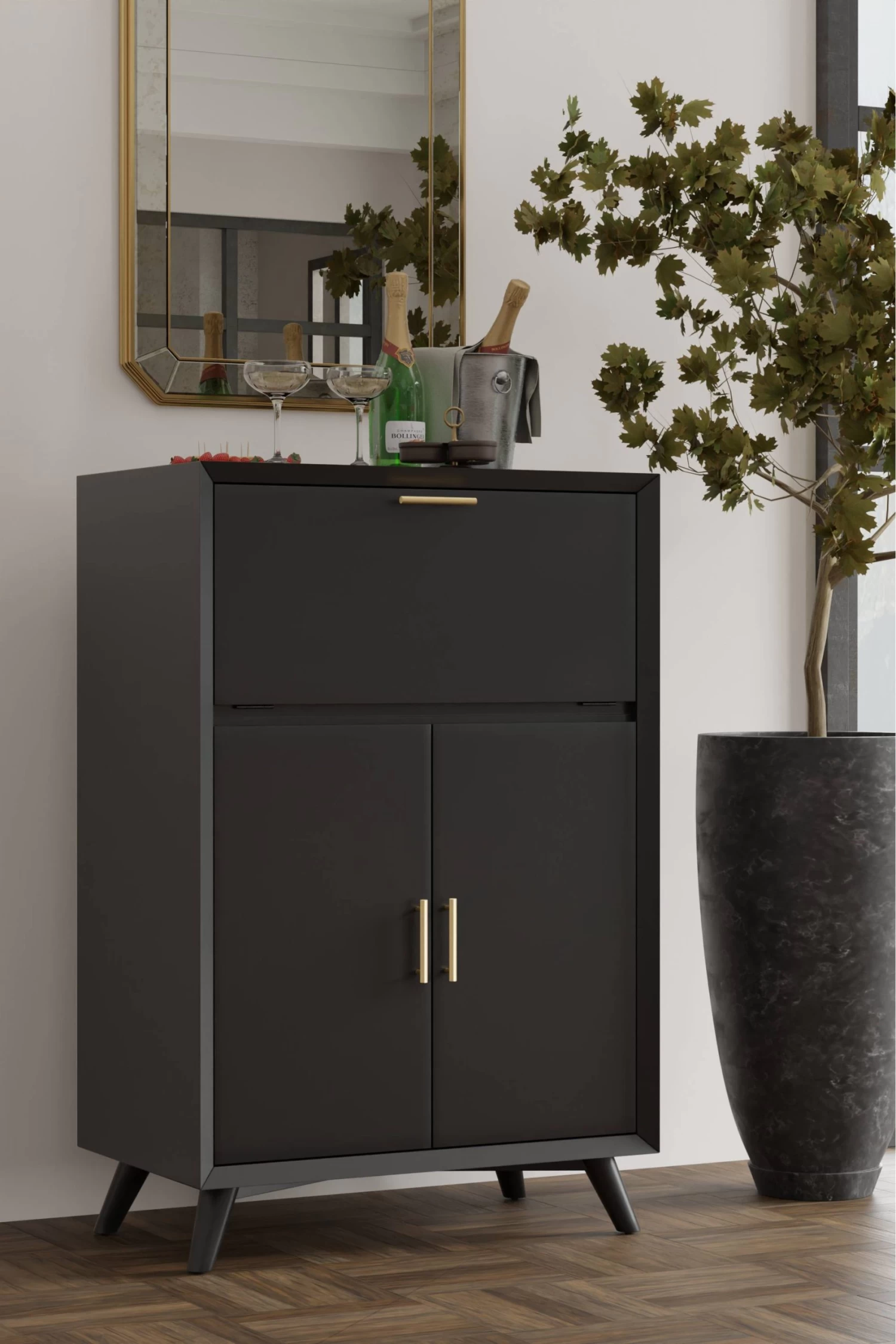 Flynn Large Bar Cabinet W/Drop Down Tray In Black - Alpine 966BLK-16 1 Flynn Large Bar Cabinet W/Drop Down Tray In Black - Alpine 966BLK-16