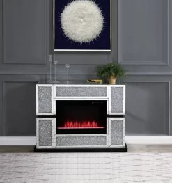 ACME Noralie Fireplace, Mirrored & Faux Diamonds - Acme 90660