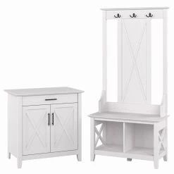 Home Haven Deals 6 Bush Furniture Key West Entryway Storage Set With Hall Tree, Shoe Bench And Armoire Cabinet In Pure White Oak - KWS055WT