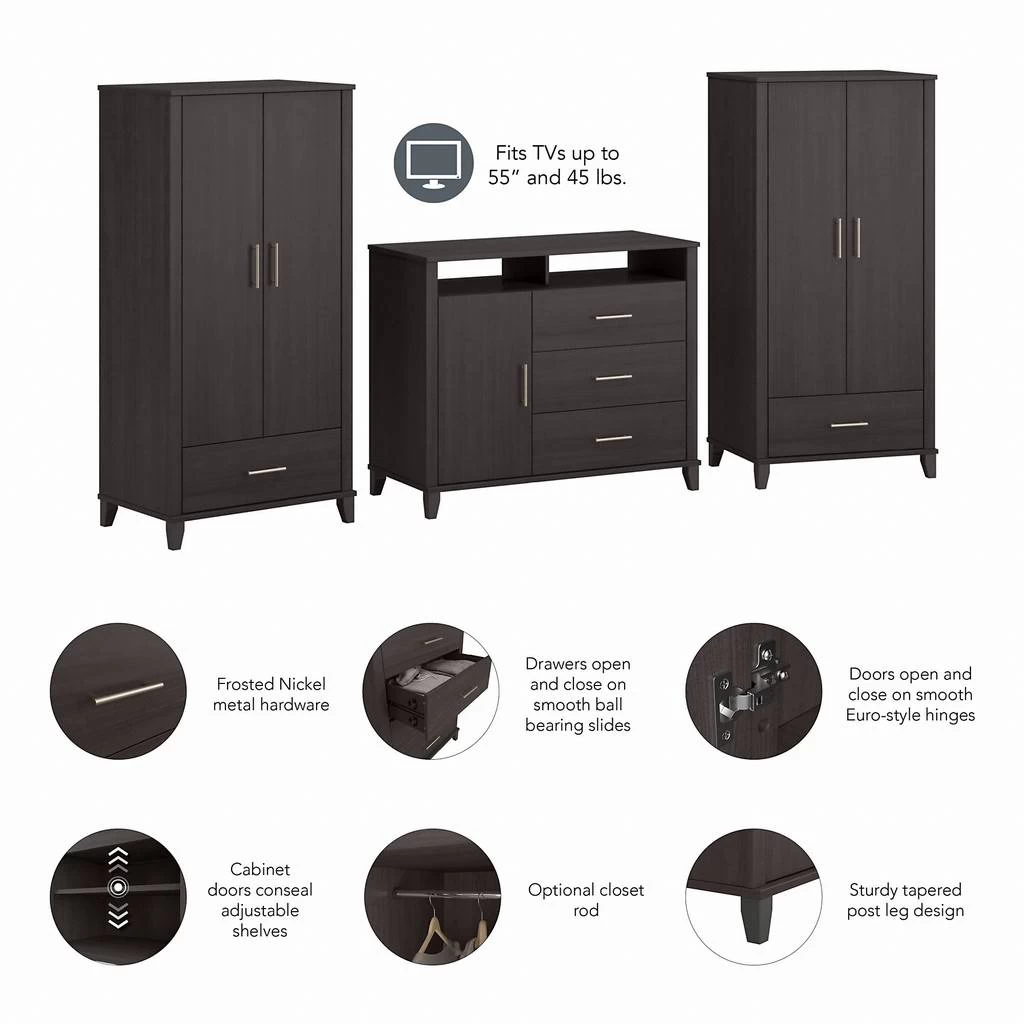 Bush Furniture Somerset Large Armoire Cabinets With Dresser TV Stand In Storm Gray - Bush Furniture SET038SG 3 Bush Furniture Somerset Large Armoire Cabinets With Dresser TV Stand In Storm Gray - Bush Furniture SET038SG - Image 3