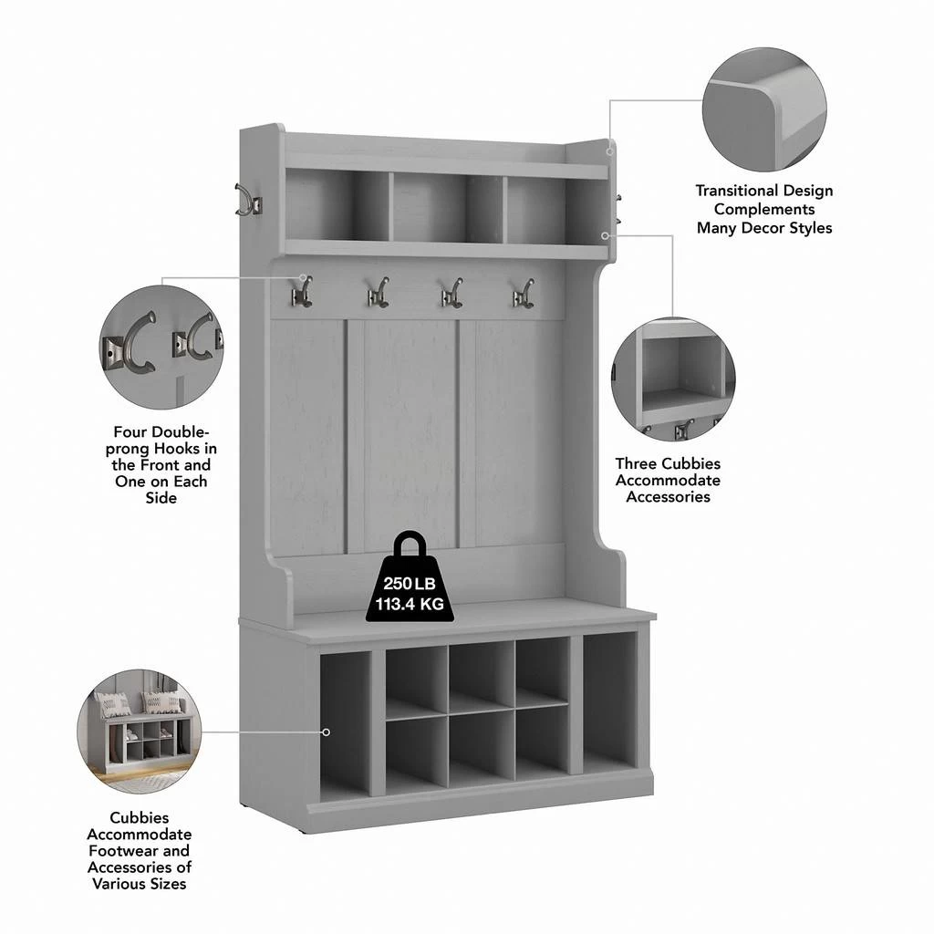 Kathy Ireland® Home By Bush Furniture Woodland 40W Hall Tree And Shoe Storage Bench With Shelves In Cape Cod Gray - Bush Furniture WDL002CG 3 Kathy Ireland® Home By Bush Furniture Woodland 40W Hall Tree And Shoe Storage Bench With Shelves In Cape Cod Gray - Bush Furniture WDL002CG - Image 3