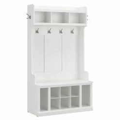Kathy Ireland® Home By Bush Furniture Woodland 40W Hall Tree And Shoe Storage Bench With Shelves In White Ash - Bush Furniture WDL002WAS