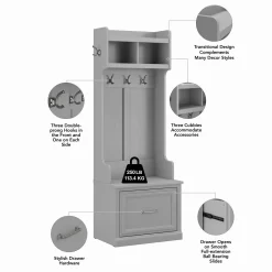 Kathy Ireland® Home By Bush Furniture Woodland 24W Hall Tree And Small Shoe Bench With Drawer In Cape Cod Gray - Bush Furniture WDL007CG -Home Haven Deals 18 wdl007cg 3