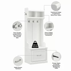 Kathy Ireland® Home By Bush Furniture Woodland 24W Hall Tree And Small Shoe Bench With Drawer In White Ash - Bush Furniture WDL007WAS -Home Haven Deals 18 wdl007was 3