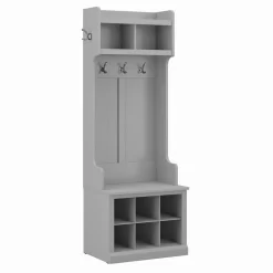 Kathy Ireland® Home By Bush Furniture Woodland 24W Hall Tree And Small Shoe Bench With Shelves In Cape Cod Gray - Bush Furniture WDL008CG