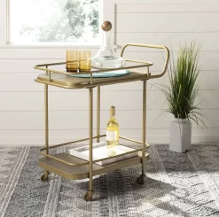 Gaia 2 Tier Rectangle Bar Cart In Rustic Oak/Gold - Safavieh BCT6201B