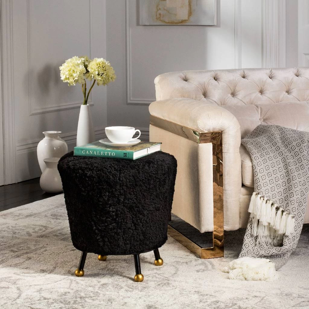 Oriana Retro Sheepskin Ottoman In Black - Safavieh FOX6261B 1 Oriana Retro Sheepskin Ottoman In Black - Safavieh FOX6261B