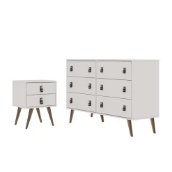 Amber Double Wide Dresser And Nightstand With Faux Leather Button Handles - Set Of 2 In White - Manhattan Comfort 2-311GFX1