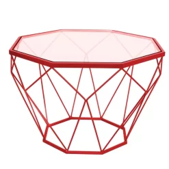 Malibu Modern Octagon Glass Top Coffee Table With Geometric Basein Red - LeisureMod MD23R