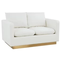 LeisureMod Nervo Modern Mid-Century Upholstered Leather Loveseat With Gold Frame In White - LeisureMod NS55W-L
