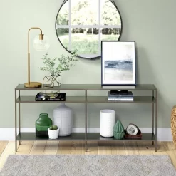 Sivil 64" Gunmetal Gray Console Table With Metal Shelves - Hudson & Canal AT0956