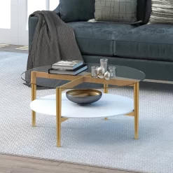 Otto 36" Brass Finish Coffee Table With White Lacquer Shelf - Hudson & Canal CT0139