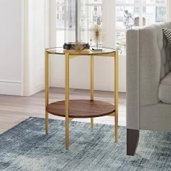 Otto Brass Finish Side Table With Walnut Shelf - Hudson & Canal ST0275
