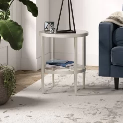 Hera 19.63'' Wide Round Side Table With Clear Glass Shelf In Satin Nickel - Hudson & Canal ST1627