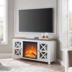 Colton Rectangular TV Stand With Log Fireplace For TV's Up To 55" In White/Gray Oak - Hudson And Canal TV1380