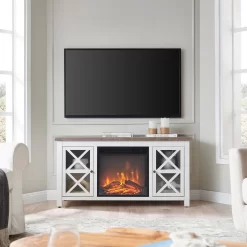 Colton Rectangular TV Stand With Log Fireplace For TV's Up To 55" In White/Gray Oak - Hudson And Canal TV1380 -Home Haven Deals 236 tv1380 4