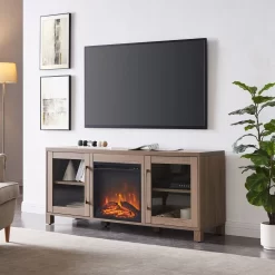 Quincy Rectangular TV Stand With Log Fireplace For TV's Up To 65" In Antiqued Gray Oak - Hudson And Canal TV1416