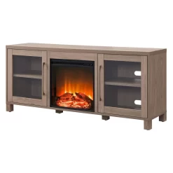 Quincy Rectangular TV Stand With Log Fireplace For TV's Up To 65" In Antiqued Gray Oak - Hudson And Canal TV1416 -Home Haven Deals 236 tv1416 7