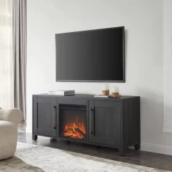 Chabot Rectangular TV Stand With Log Fireplace For TV's Up To 65" In Charcoal Gray - Hudson And Canal TV1429