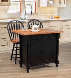 Sunset Trading Antique Black With Cherry Drop Leaf Kitchen Island With 2 Swivel Stools - Sunset Trading DLU-KI-4222-B24-BCH3PC