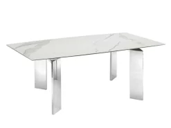ASTOR Non-extendable Frame Dining Table In White Marbled Porcelain Top With Polished Stainless Steel Base - Casabianca Furniture TC-MFIX05MAR
