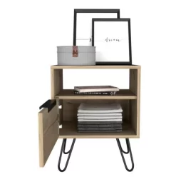 Vienna Night Stand With Two Shelves, One Door Drawer, And Four Steel Legs In Light Oak - FM Furniture FM7035MLW