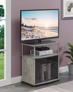 Designs2Go TV Stand With Black Glass Storage Cabinet And Shelf In Faux Birch - Convenience Concepts 151056C1