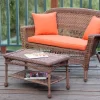 Honey Wicker Patio Love Seat And Coffee Table Set With Orange Cushion- Jeco Wholesale W00205-LCS016