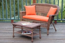 Honey Wicker Patio Love Seat And Coffee Table Set With Orange Cushion- Jeco Wholesale W00205-LCS016