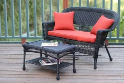 Black Wicker Patio Love Seat And Coffee Table Set With Brick Red Cushion- Jeco Wholesale W00207-LCS018