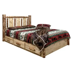 Glacier Country Collection Platform Bed With Storage In Twin With Laser Engraved Wolf Design - Montana Woodworks MWGCSBPTLZWOLF