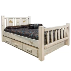 Homestead Collection Full Storage Bed With Laser Engraved Bronc Design In Clear Lacquer Finish - Montana Woodworks MWHCSBFVLZBRONC