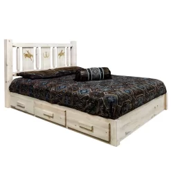 Homestead Collection Platform Bed With Storage In Twin With Laser Engraved Bronc Design In Clear Lacquer Finish - Montana Woodworks MWHCSBPTVLZBRONC