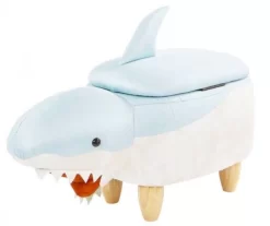 15-In. Seat Height Blue-White Shark Animal Shape Storage Ottoman Furniture For Nursery, Bedroom, Playroom, Living Room Decor - Critter Sitters CSSHKSTOTT-BLUWHT