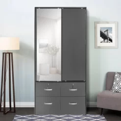 Sarah Double Sliding Door Armoire With Mirror In Dark Gray - Better Home Products W44-M-DGRY