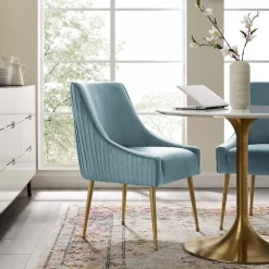 Discern Pleated Back Upholstered Performance Velvet Dining Chair In Light Blue - East End Imports EEI-3509-LBU -Home Haven Deals 33 eei 3509 lbu 6