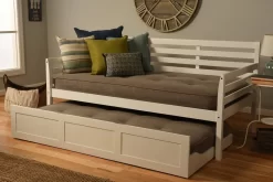 Boho Daybed - Trundle Bed - White Finish - Linen Stone Mattresses - Kodiak Furniture BODBTBWHTMLSTN4
