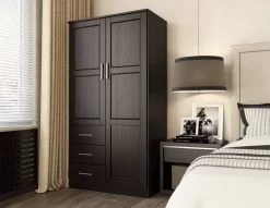 100% Solid Wood Metro 2-Door Wardrobe With Raised Panel Doors, Java - Palace Imports 7106D