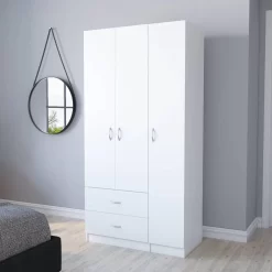 Clark Three Door Armoire, Metal Rod, White Finish - We Have Furniture WHF136