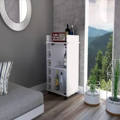 Quepos Bar Cart, Six Wine Cubbies, Glass Door, Four Caster, Two Shelves, White Finish - We Have Furniture WHF396