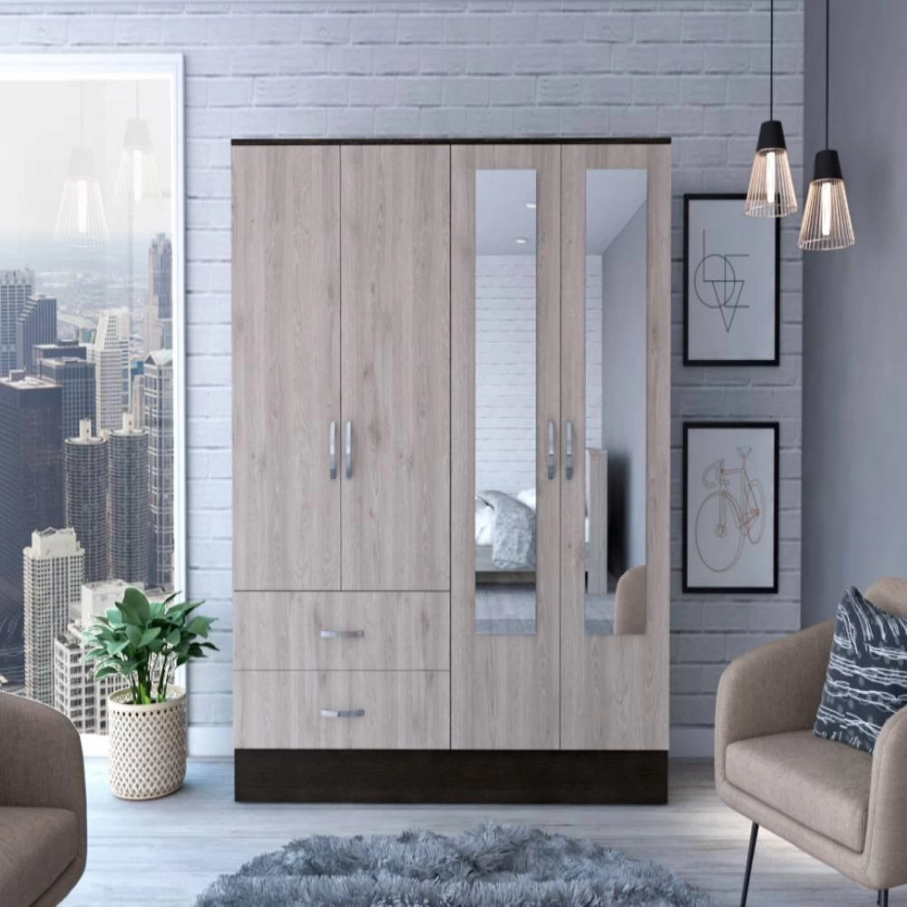 Ron Armoire, Double Door Cabinet , Two Mirrors, Two Drawers, Six Shelves, Light Grey Finish - We Have Furniture WHF466 1 Ron Armoire, Double Door Cabinet , Two Mirrors, Two Drawers, Six Shelves, Light Grey Finish - We Have Furniture WHF466