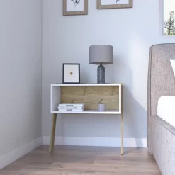 Rural Nightstand, Two Legs, One Shelf, White And Light Oak Finish - We Have Furniture WHF473