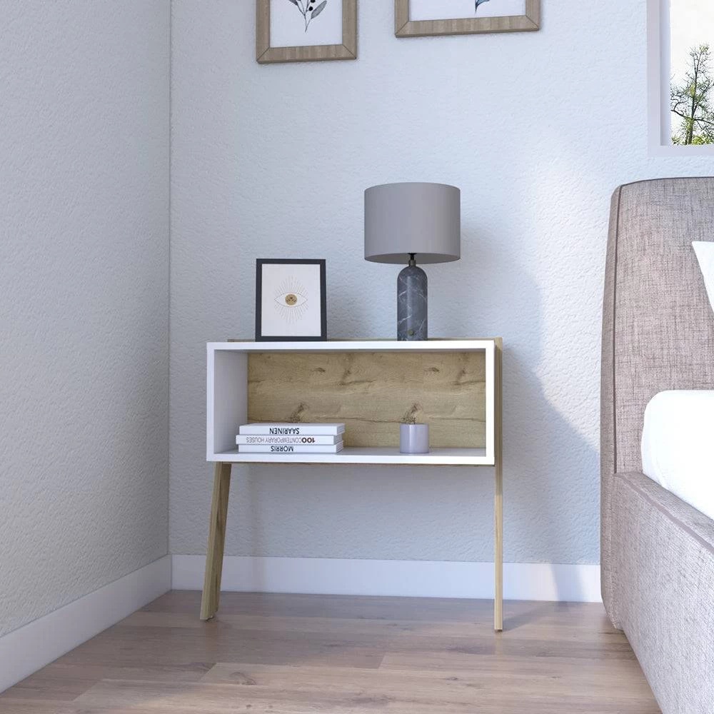 Rural Nightstand, Two Legs, One Shelf, White And Light Oak Finish - We Have Furniture WHF473 1 Rural Nightstand, Two Legs, One Shelf, White And Light Oak Finish - We Have Furniture WHF473