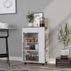 Sonex Kitchen Cart, One Drawer, Two Open Shelves, Four Casters, White And Light Oak Finish - We Have Furniture WHF731