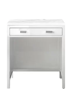 Addison 30" Free-standing Countertop Unit (Makeup Counter) - Glossy White With 3 CM Arctic Fall Solid Surface Top - James Martin E444-CU30-GW-3AF
