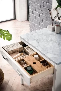 Addison 30" Free-standing Countertop Unit (Makeup Counter) - Glossy White With 3 CM Carrara Marble Top - James Martin E444-CU30-GW-3CAR -Home Haven Deals 54 e444 cu30 gw 3car 4