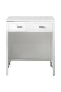 Addison 30" Free-standing Countertop Unit (Makeup Counter) - Glossy White With 3 CM Eternal Jasmine Pearl Quartz Top - James Martin E444-CU30-GW-3EJP