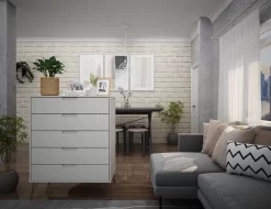 Rockefeller 5-Drawer Tall Dresser With Metal Legs In Off White And Nature - Manhattan Comfort 154GMC8 -Home Haven Deals 65 154gmc8 5