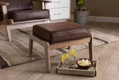 Baxton Studio Sigrid Mid-Century Modern Dark Brown Faux Leather Effect Fabric Upholstered Antique Oak Finished Wood Ottoman - Wholesale Interiors Sigrid-Dark Brown/Antique Oak-Otto -Home Haven Deals 7 2 2195 sigrid darkbrown antiqueoak otto 1 2