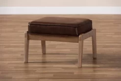 Baxton Studio Sigrid Mid-Century Modern Dark Brown Faux Leather Effect Fabric Upholstered Antique Oak Finished Wood Ottoman - Wholesale Interiors Sigrid-Dark Brown/Antique Oak-Otto -Home Haven Deals 7 2 2195 sigrid darkbrown antiqueoak otto 7 2